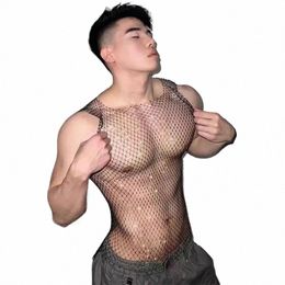 nightclub Men's Tshirts Sexy Fishing Net Sleevel Square Neckline Hold Out Paired Stage Costumes Tank Top for Men U6Lz#