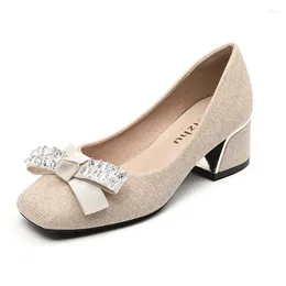 Dress Shoes Plus Size 35-43 Women Pumps Med Heel Square Toe Office Lady Bling Diamonds Bowknot Wedding Bridesmaid Party 55-3