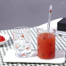 Wine Glasses 210/300/400ml Cute Strawberry Cup With Straw Water Milk Drinking Bottle Lovely Flower Bear Fruit Pattern