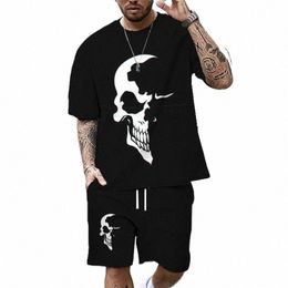 Verão novo casual masculino crânio impressão camiseta conjunto fi streetwear t solto oversized respirável macio mangas curtas e shorts h2re #