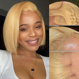 10inch Honey Wig #27 Human Pre Plucked with Baby Hair 13X4 HD Lace Front for Women 150% Density Short Straight Wigs (27# Blonde Bob Wig)