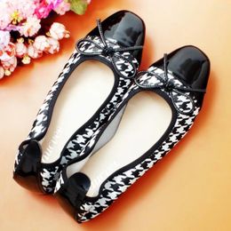 Casual Shoes Ballet Flats Classic Women Basic 2024 Cow Leather Plaid Mixed Colour Splice Bow Round Shoe Fashion