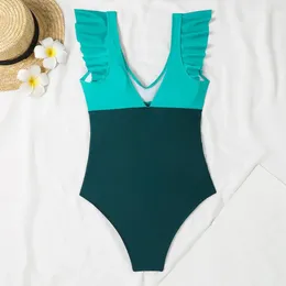 Women's Swimwear Patchwork Color Monokini Stylish One-piece Swimsuits For Women V-neck Tummy Control High Waist Bathing Suit With Cutout