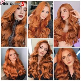 Wave Deep Long Orange Synthetic Wig For Women Natural Fluffy Middle 13X4 Section Front Lace Heat Resistant Daily Party Headcover Brazilian Hair No Glue 582