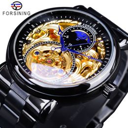 Forsining Classic Black Golden Clock Black Stainless Steel Fashion Blue Hands Design Men's Automatic Watches Horloges Mannen286W