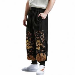 loose Casual Trousers Men Streetwear Pants Embroidered Golden Drag Clothing Cott Linen Elastic Waist Sweatpants o8v3#