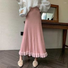 Skirts TIGENA Korean Elegant Slim Knitted Long Skirt For Women 2023 Fall Winter Faux Mink Hem High Waist Pleated Midi Female Pink