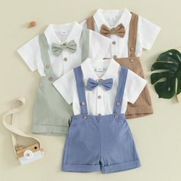 Clothing Sets Baby Boy Gentleman Outfit Clothes Solid Colour Short Sleeves Romper With Bow Tie And Overalls Shorts Set For Formal Wear