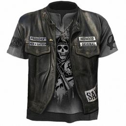 male Motorcycle T-shirt Vintage Punk Short Sleeve Skull Print Men Top Oversized Casual Hip Hop T Shirt Summer Men's Tee Clothing 10ev#