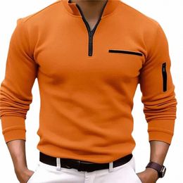 sports Lg Sleeve Side Pocket Polo Shirt Men Spring Autumn Thickened Solid Colour Casual Tops Male Lapel Zipper Splicing Blouse x8Le#