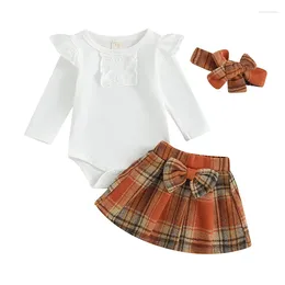 Clothing Sets Born Baby Girl Fall Winter Clothes Ruffle Long Sleeve Romper Plaid Bow Skirt With Headband Outfit 3Pcs Set
