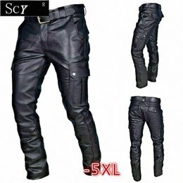 men's Leather Motorcycle Pants with Cargo Pockets, Black, Leather Motorcycle Pants No Belt M5qa#