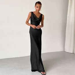 2023 Summer New Ice Silk Elegance Small Black With Sexy Open Back Long Dress 171059