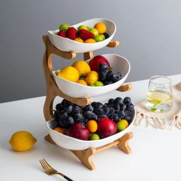 Baskets 3 Tiers Ceramic Fruit Basket Bowl Set w/ Wooden Stand Rack , Candy Dish Serving Kitchen Fruit Bowl Holder Wooden Storage Rack