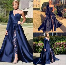 Elegant Jumpsuits Evening Dresses Pants Suit Dark Navy One Shoulder Long Sleeve Split Prom Gowns ALine Celebrity Party Wear9268863