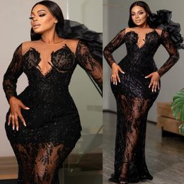 2024 Aso Ebi Black Florals Mermaid Prom Dress Sequined Lace Evening Formal Party Second Reception 50th Birthday Engagement Gowns Dresses Robe De Soiree Z70