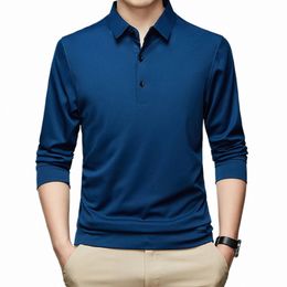 mens Busin Polo Shirt Solid Color Butts Turn Down Collar Lg Sleeve T-Shirt Loose Office Work Undershirts Casual Tee Shirt 71IR#