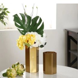 Vases Minimalist Hexagon Gold Vase Metal Cylinder Vases Artificial Floral Flower Pots Decorative Flower Arrangement Modern Home Decor