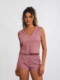 Women s 2 Piece Lounge Set Sleeveless Hooded Tank Tops Solid Colour Waffle Shorts Sleepwear Sets 240228