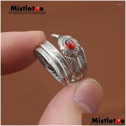 Cluster Rings Genuine 925 Sterling Sier Vintage Punk Locomotive Eagle Feather Red Cz Ring For Women Men Fashion Jewelry Drop Delivery Ot6Y9