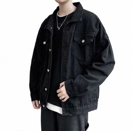 black Denim Short Jacket Men Turn Down Collar Bomber Jacket Jeans Coats Casual Pockets Overalls Streetwear Man Clothing Outwear N7rW#