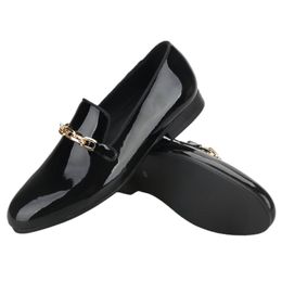 Black Patent Leather Men's Loafers With Gold Metal Chain Buckles Handmade Slip-On Slippers Plus Size Moccasin Shoes