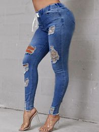LW Plus Size Women Autumn Casual High-Waist High Stretchy Ripped Distressed Jeans Elastic Waist Denim Pants 240315