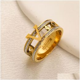 Band Rings Designer Branded Letter Women 18K Gold Plated Sier Crystal Stainless Steel Love Jewellery Supplies Ring Fine Carving Finger 6 Dh482