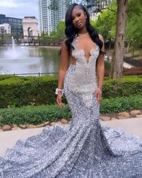 Silver Sparkly Long Trumept Prom Formal Ceremony Dresses for Black Girl 2024 Luxury Diamond Velvet Evening Birthday Dress