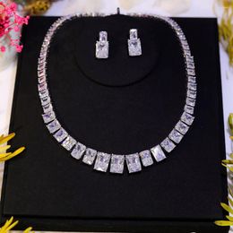 Necklace Earrings Set Purple And White Square 3A Cubic Zirconia Earring 2pcs Luxury Wedding Bridal For Brides Party