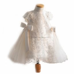 Flower girls dresses INS stereo lace applique white princess dress for kids Bow short sleeve tulle widding Clothing Ball Gown A6896