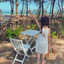 Girl Dresses Girls Summer Dress Solid Color Cotton Strap Fashion Children Hollow Back Casual White Holiday Beach Kids Clothes