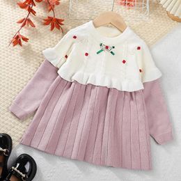 Girl Dresses Winter Girls Dress Cotton Long Sleeve O Neck Patchwork Floral Red Cute Designer Princess Vestido 18M-7T