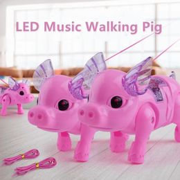 Cute Electric LED Music Walking Pig Electronic Rope Pulling Pets With Light Walk For Children Baby Kids 240319