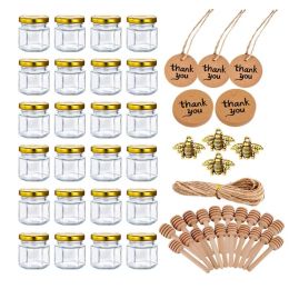 Jars 10/20Pcs 1.5oz Mini Honey Jars Party Favours Small Honey Jars Dippers Gold Lids Bee Charms Tags Jute Twine Cute Takehome Gift