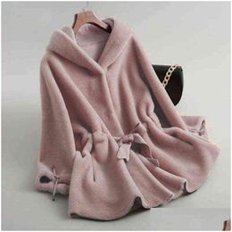 Women'S Fur & Faux Fashion-Woman Winter Real Genuine Sheepskin Coats Ladies Loose Hooded Casual Outwear Female Thick Warm Sheep Sheari Dhyos