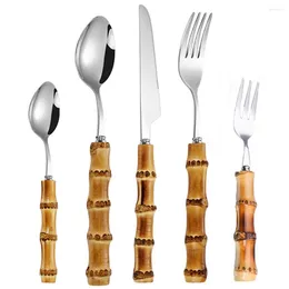 Flatware Sets Bamboo Cutlery Set Western Dinnerware Kitchen Supplies Portable Durable Stainless Steel Tableware