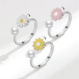 Cluster Rings Jewellery With Pearls Enamel Daisy Fidget Spinner Knuckle For Women Anti Anxiety Birthday Gifts Anillos Mujer