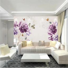 Wallpapers Wellyu Papel De Parede Para Quarto Custom Wallpaper Beautiful Watercolour Flowers And Birds Purple Modern Minimalist T