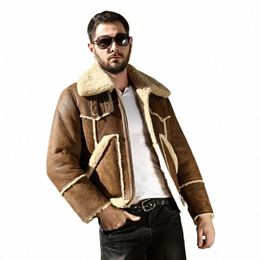 shearling Sheepskin Genuine Leather Coat Male B3 Bomber Jacket Aviator Outerwear Trench Flight Men Thick Winter Short Jacket N5UL#