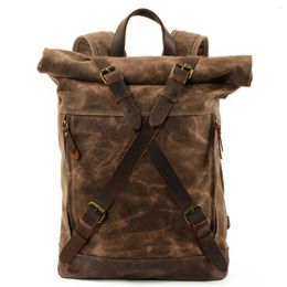 Backpack Men's Waterproof Wax Canvas Hiking Outdoor 30 L Travel Bag Anti-theft Laptop Retro Rolled