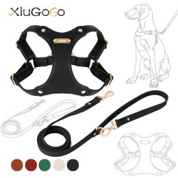 Sets Waterproof Soft Leather Dog Chest Harness Easy Wearing Engraved AntiLost Logo Customised Pet Leash Set for Small to Medium Dogs