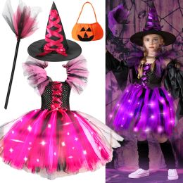 Hats New Halloween Carnival Party Girls Witch Costume Luminous LED Lights Tulle Tutu Dress Masquerade Vampire Devil Winifred Dress Up