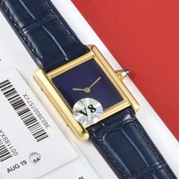 Men Women blue dial watch Quartz movement watches Leather Strap gold color case 091770