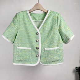 Women's Jackets French V-neck Scented Short-sleeved Coat Women Fashion Casual Loose Korea Chic Single-breasted Green White Tweed Jacket