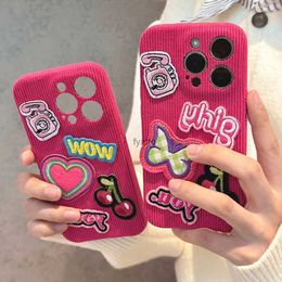 Cell Phone Cases Winter Warm Plush Phone Case For iPhone 15 Pro 14 Pro Max 13 12 11 Rose Embroidered sticker Shockproof Bumper Back Cover Funda H240326