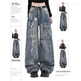 Women's Jeans Harajuku Vintage High Waist Loose Pants 2024 Spring Summer Y2K Wide Leg Baggy Print Denim Trouser