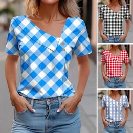Women's Blouses T-shirt Female Blouse Stylish Plaid Print Skew Collar For Women Loose Fit Short Sleeve Pullover With Button Summer