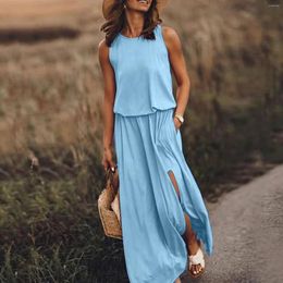 Casual Dresses Bohemian Sleeveless Women Summer Round Neck Side Slit Maxi Dress Plus Size Womens Clothes Boho