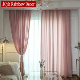 Curtains Semi Crushed Pink Sheer Curtains for Bedroom Girls Living Room Voile Tulle Curtains Window Treatments Solid Color Party Drapes
